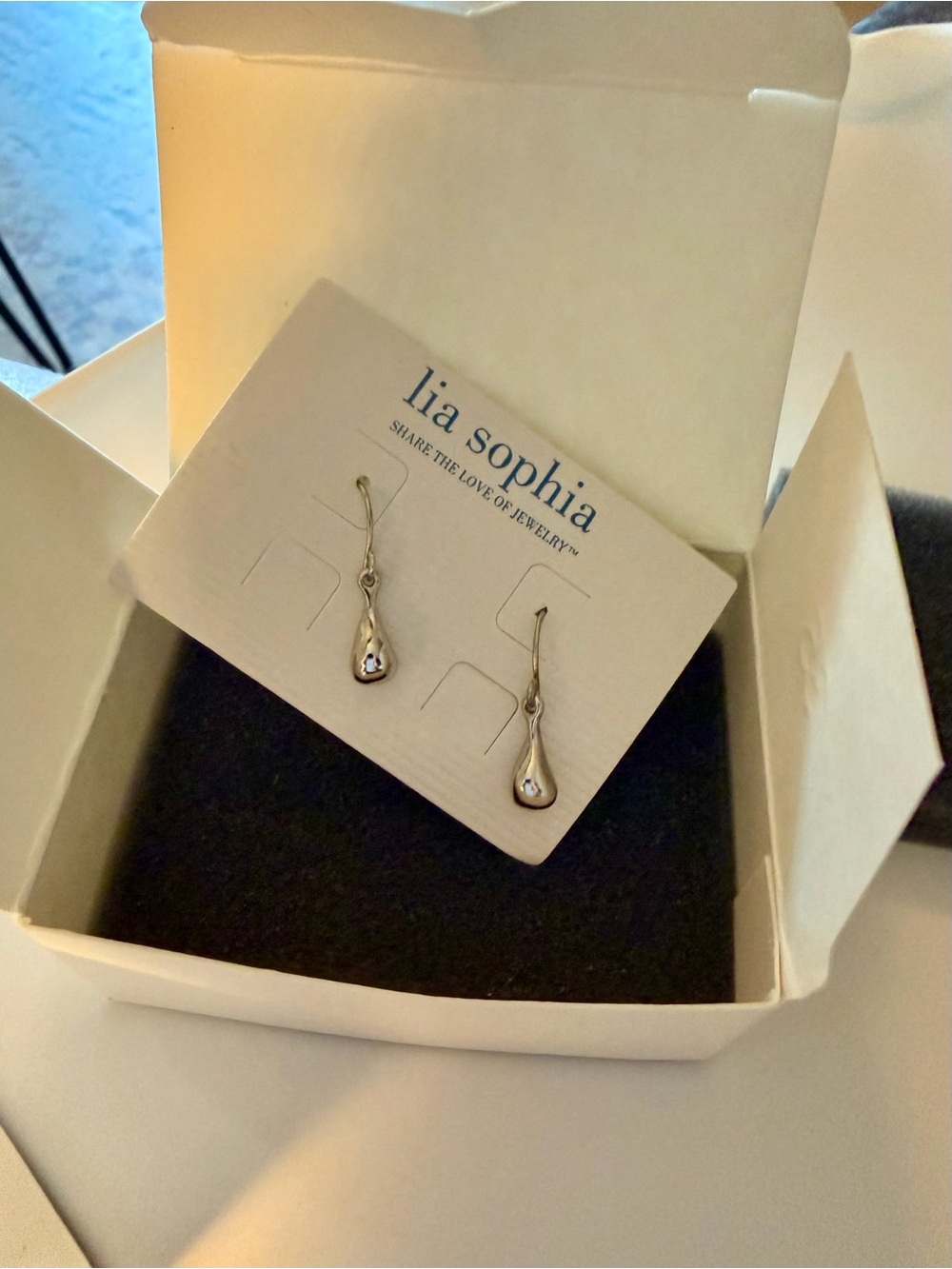 NIB Lia Sophia Polished Silver color Teardrop Dangle Earrings